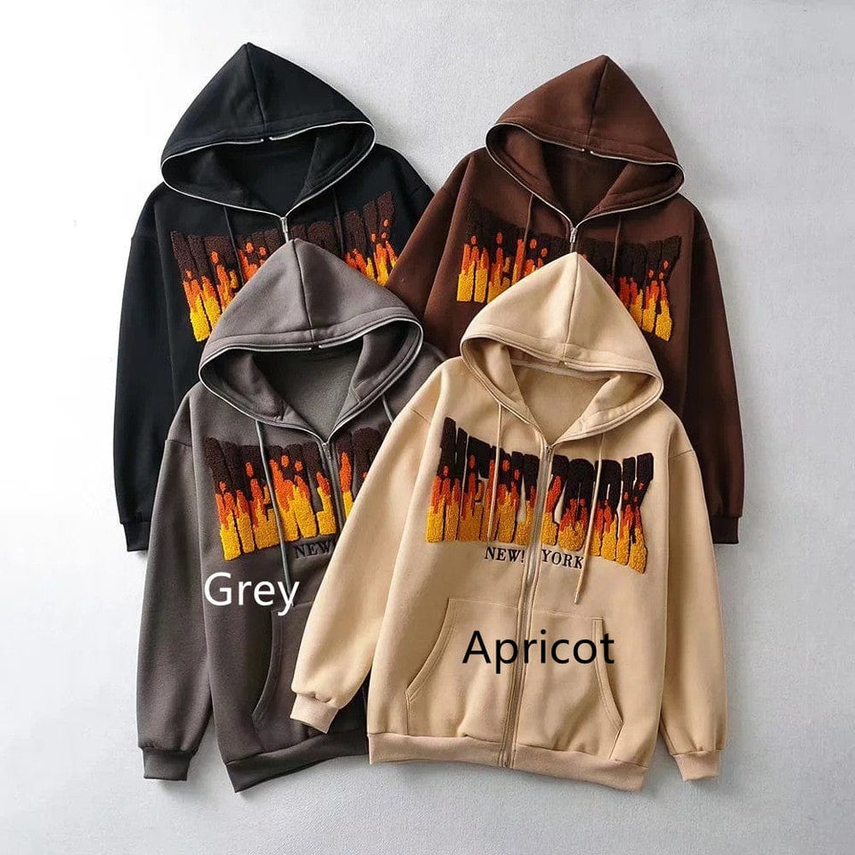 Women's American Style Retro Flame Letter Embroidery Hoodie