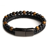 Natural Stone Bracelets Genuine Leather Braided Bracelets Black Stainless Steel Magnetic Clasp Tiger Eye Bead Bangle Men Jewelry