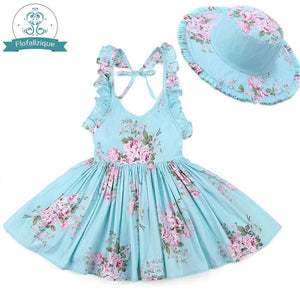 Baby Girls Dress with Hat 2018 Brand Toddler Summer Kids Beach Floral Print Ruffle Princess Party Clothes 1-8Y