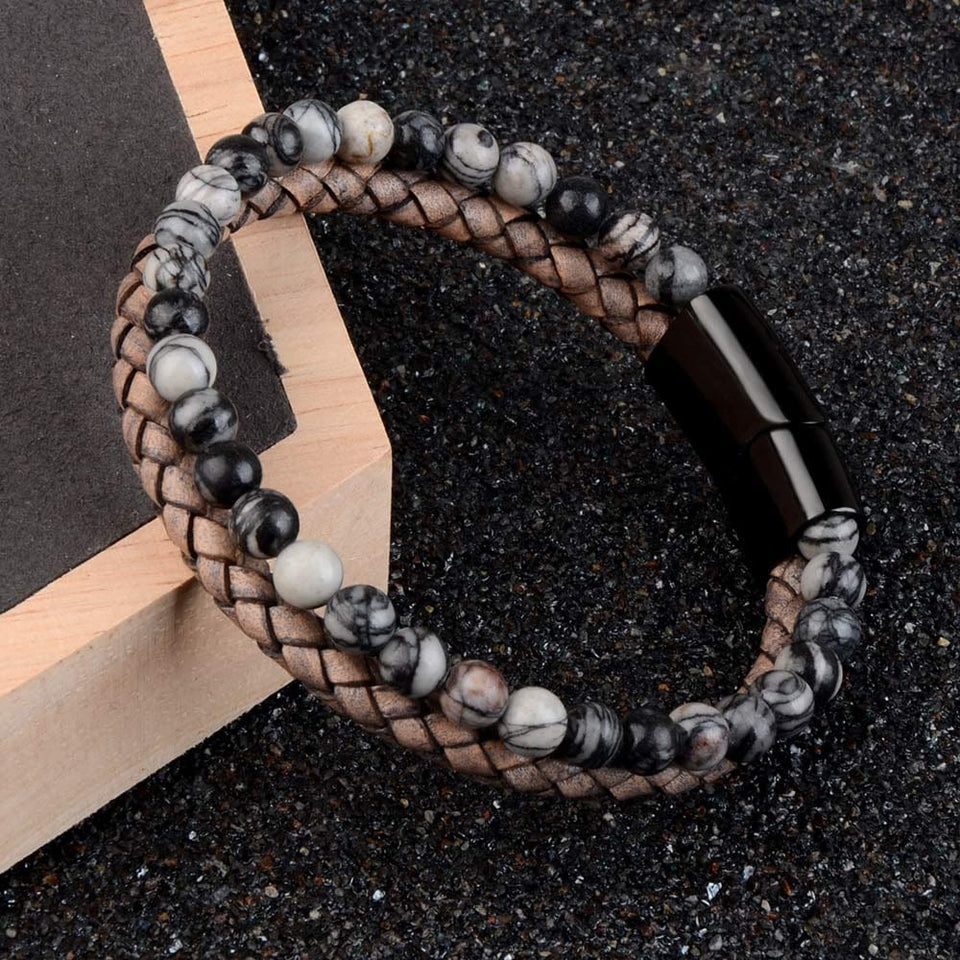 Natural Stone Bracelets Genuine Leather Braided Bracelets Black Stainless Steel Magnetic Clasp Tiger Eye Bead Bangle Men Jewelry