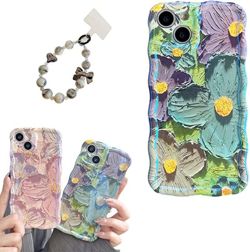 For Iphone Colorful Oil Painting Exquisite Phone Case for Iphone 11/12/13/14 Pro Max Flower Wristband Lanyard Phone Case