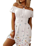 Women Elegant Fashion Vacation Casual Mini Dress Female Leisure Stylish Off Shoulder Button Design Ruched Butterfly Print Dress