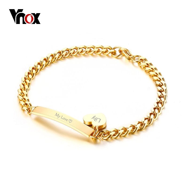Vnox Charge Personalized Thin ID Tag Heart Bracelet Women Stainless Steel Chain Gold Black