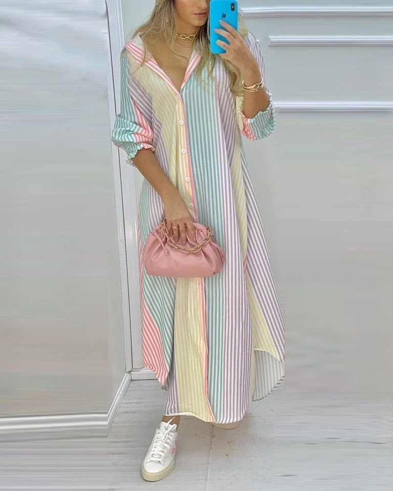 2022 Woman Long Shirt Dress Cotton Loose Long Sleeve Striped Button Down Casual Maxi Shirt Dress Spring Summer Oversized Robe