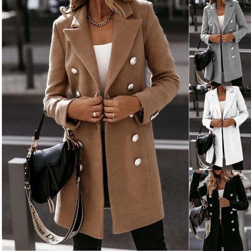 Autumn Winter Jacket Coat Women Women Jackets Coat Solid Color Double-breasted Knee Length Blends Casual Womens Overcoat