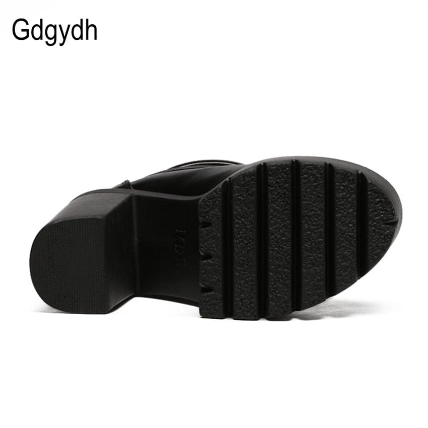 Gdgydh Spring Autumn Fashion Women Boots High Heels Platform Buckle Lace Up Leather Short Booties Black Ladies Shoes Promotion