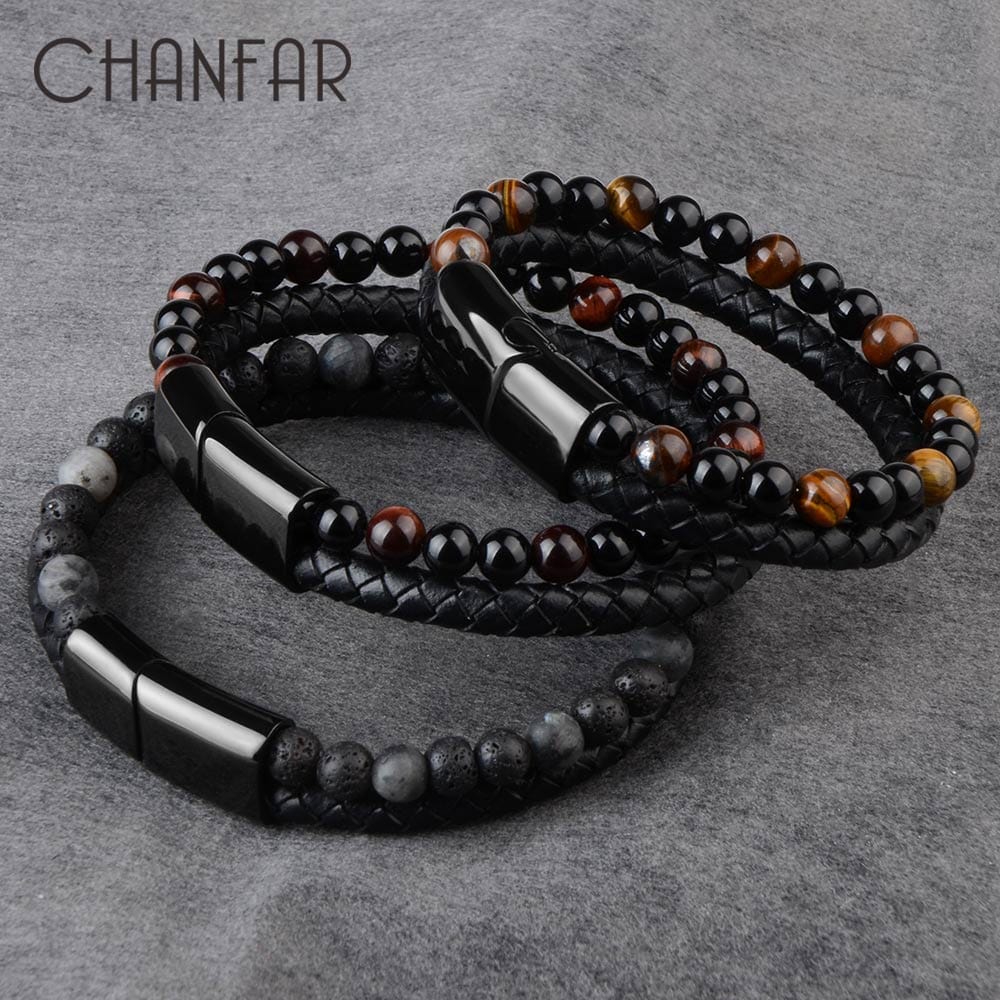 Natural Stone Bracelets Genuine Leather Braided Bracelets Black Stainless Steel Magnetic Clasp Tiger eye Bead Bangle Men Jewelry
