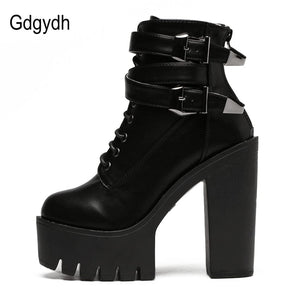 Gdgydh Spring Autumn Fashion Women Boots High Heels Platform Buckle Lace Up Leather Short Booties Black Ladies Shoes Promotion