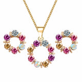 Fashion Jewelry Gold Color Colorful Wreath Round Pendant Necklace Earring AB Color Crystal Jewelry Set For Girls Dress