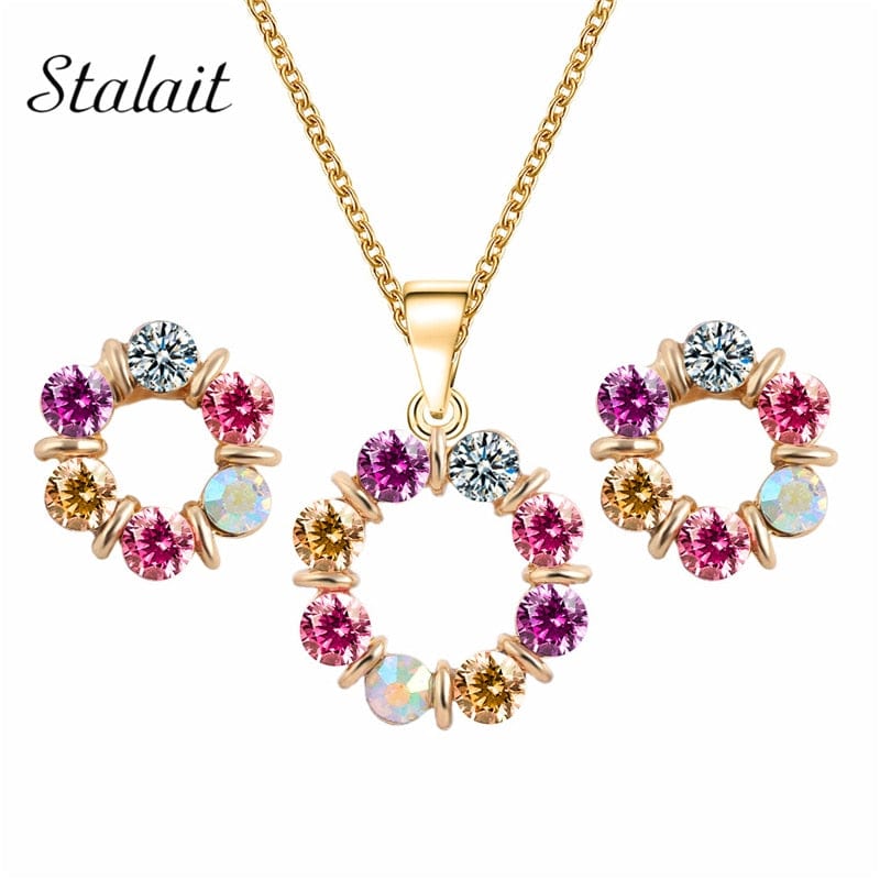 Fashion Jewelry Gold Color Colorful Wreath Round Pendant Necklace Earring AB Color Crystal Jewelry Set For Girls Dress