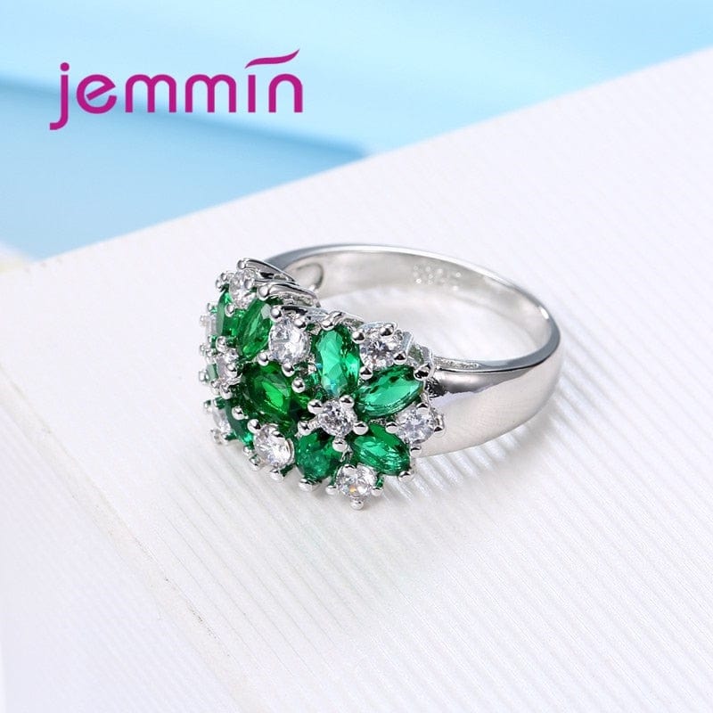 Top Grade 925 Sterling Silver Brand Jewelry New Stylish Sparkly Flower Crystal Ring Women Wedding Bridal Rings 5 Color