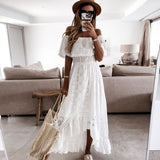 White Maxi Party Dress for Women 2022 Summer Off The Shoulder Sexy Lace Dresses Woman Bohemian Asymmetrical Short Sleeves Dress