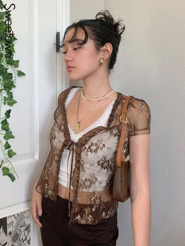 Sweetown Brown Vintage New Lace Crop Top Short Sleeve See Through Sexy Mesh Woman Tshirts V Neck Lace Up Floral Kawaii Clothes
