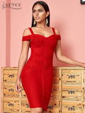 ADYCE Off Shoulder Bodycon Bandage Dress Women Sexy Red Spaghetti Strap Knee Length Club Celebrity Evening Runway Party Dresses