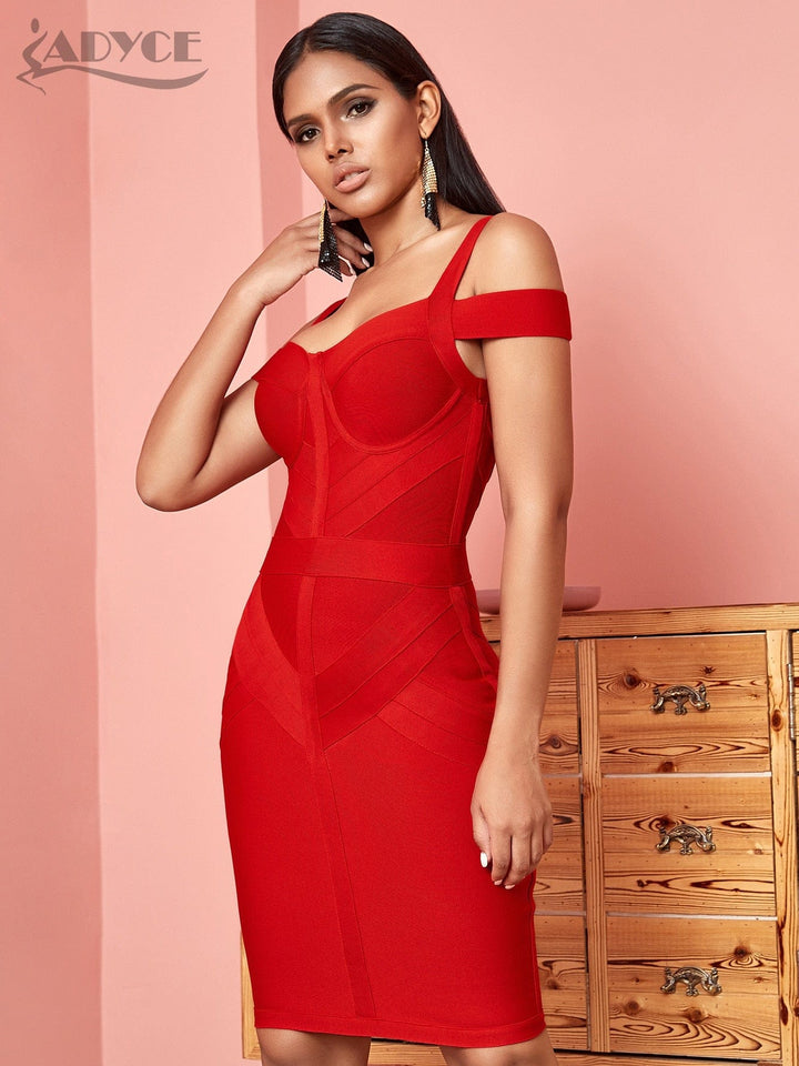 ADYCE Off Shoulder Bodycon Bandage Dress Women Sexy Red Spaghetti Strap Knee Length Club Celebrity Evening Runway Party Dresses