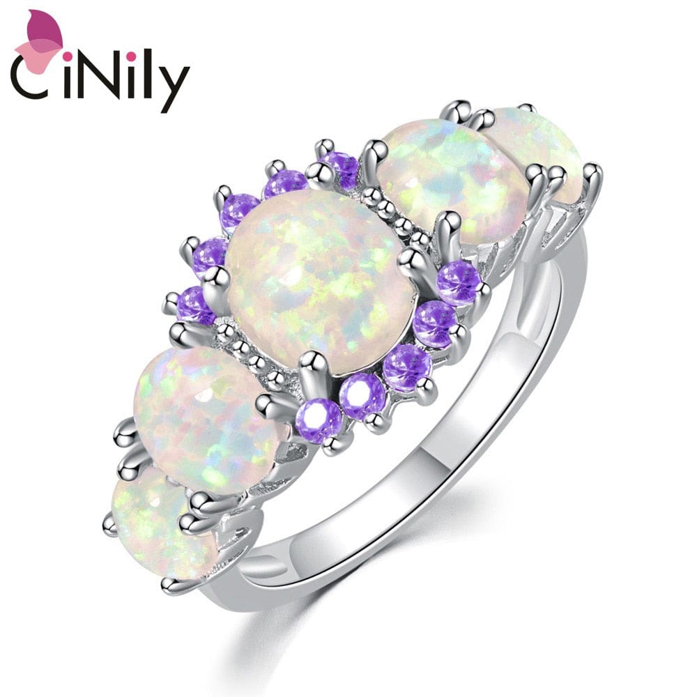 CiNily 5 Colors Luxe Fire Opal Ring Silver Plated Oval Round Stone Finger Ring Blue Full Crystal Vintage Jewelry Gift for Women