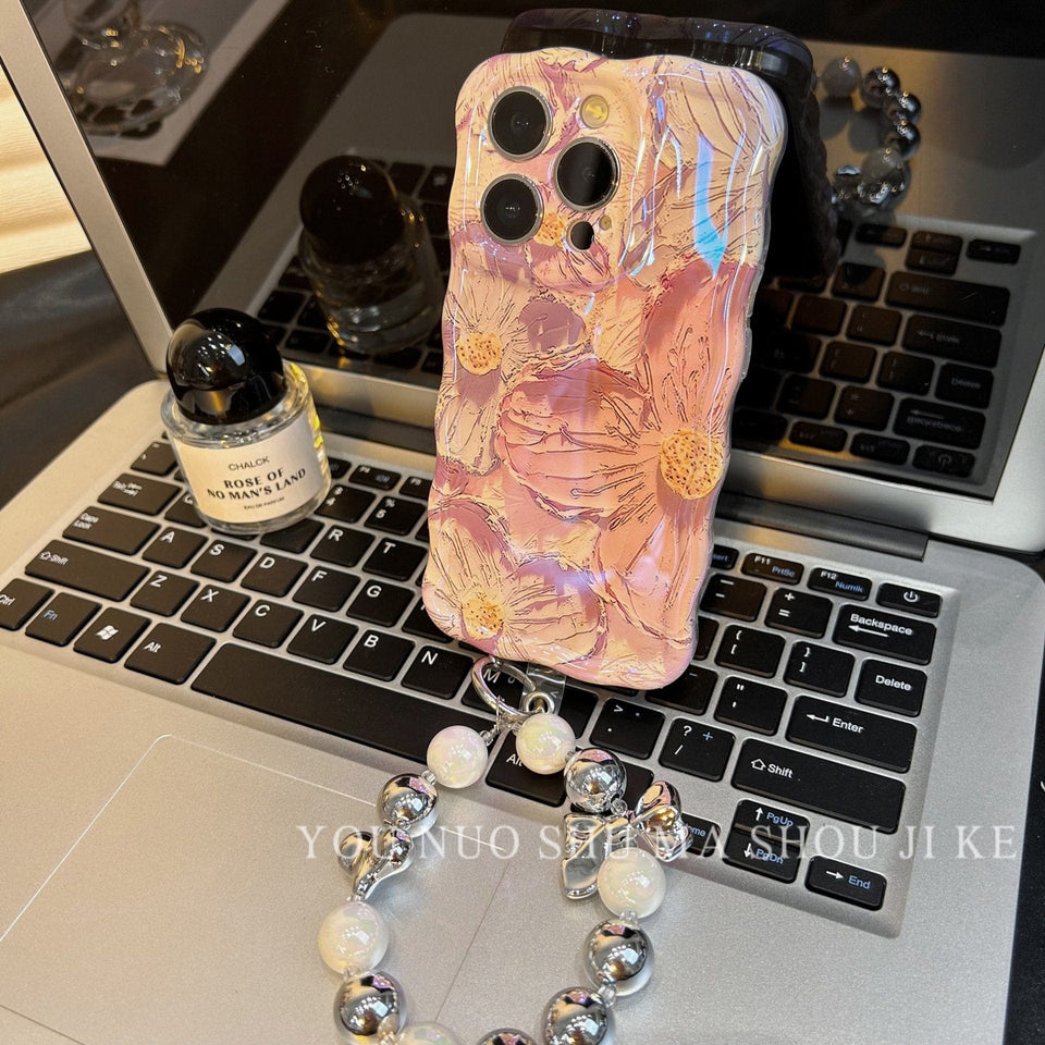 For Iphone Colorful Oil Painting Exquisite Phone Case for Iphone 11/12/13/14 Pro Max Flower Wristband Lanyard Phone Case