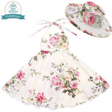 Baby Girls Dress with Hat 2018 Brand Toddler Summer Kids Beach Floral Print Ruffle Princess Party Clothes 1-8Y